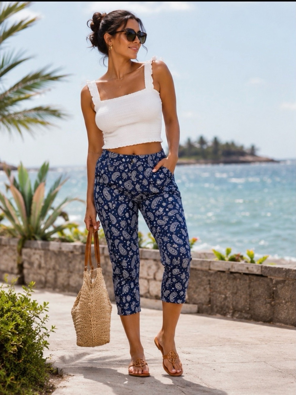 Talbots Navy Blue Paisley Cropped Pants Size 2P